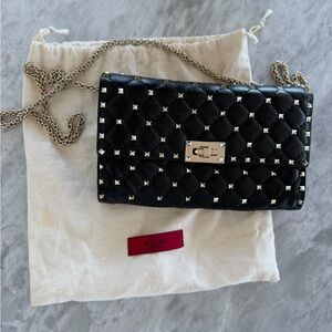 Valentino Black Quilted Leather Crossbody with Silver Studs and Chain